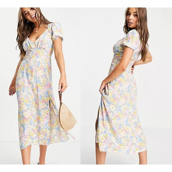 stradivarius Dresses & Skirts - Stradivarius Pink And Blue Floral Print V Neck Puff Sleeve Maxi Dress Size S